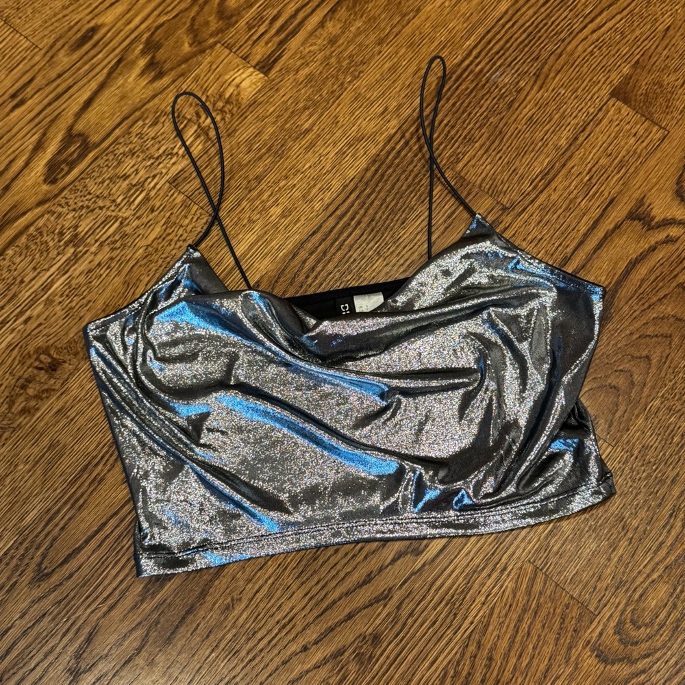 H&M Metallic Silver Cowl Neck Spaghetti Strap Crop Top